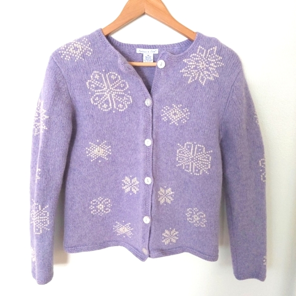 Vintage Wool Eagle's Eye Sweater Made in UK Purple Snowflake Knit Button Front M - Picture 5 of 11